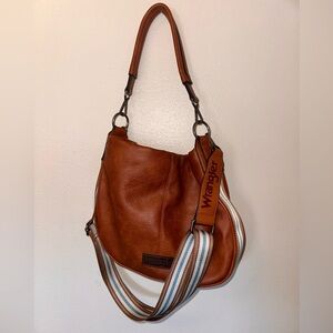 Wrangler Tan Leather Shoulder Bag with Striped Strap